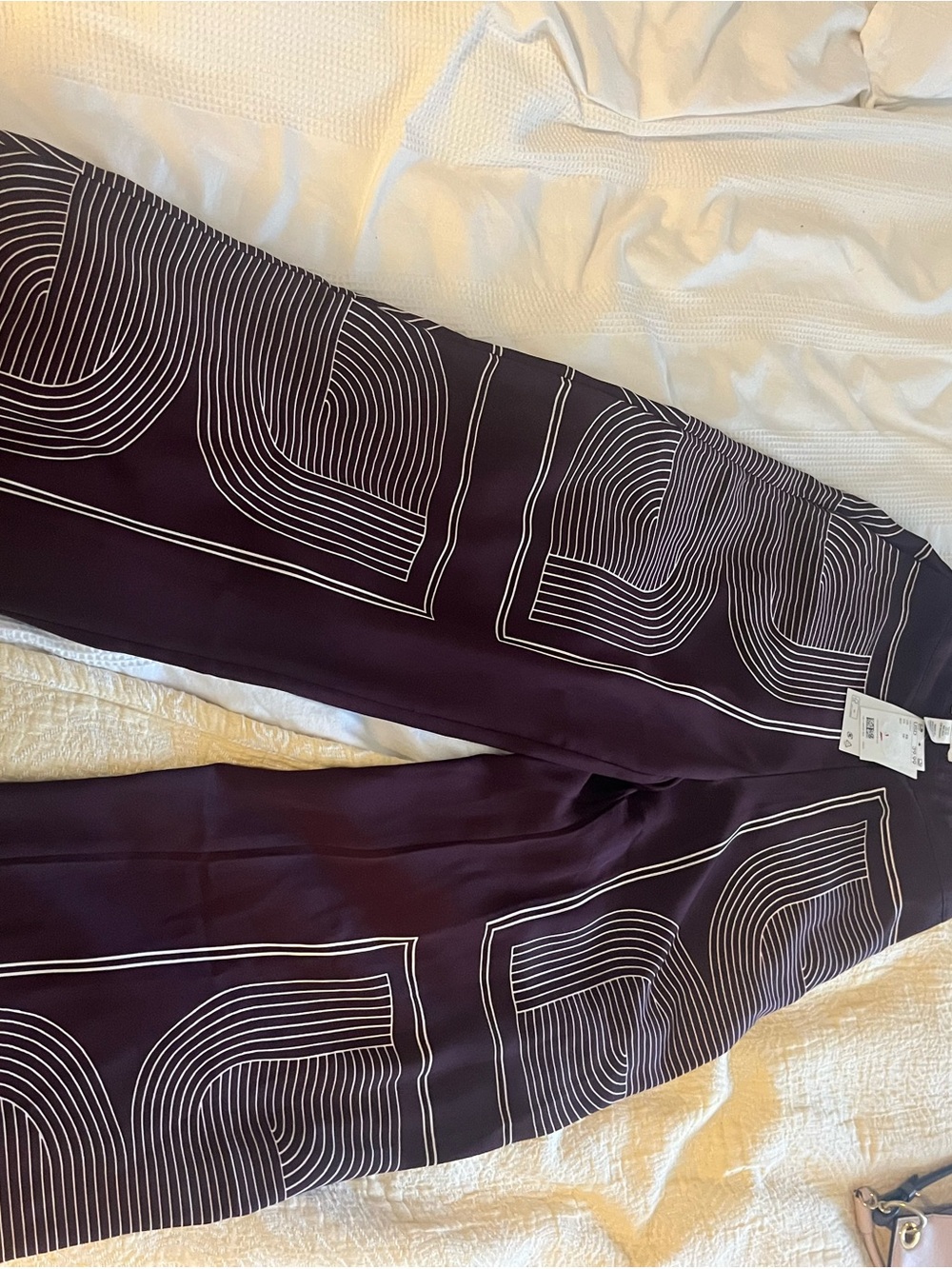 H&M Women's Boot Cut Pants in Deep Plum with White Geometric Print